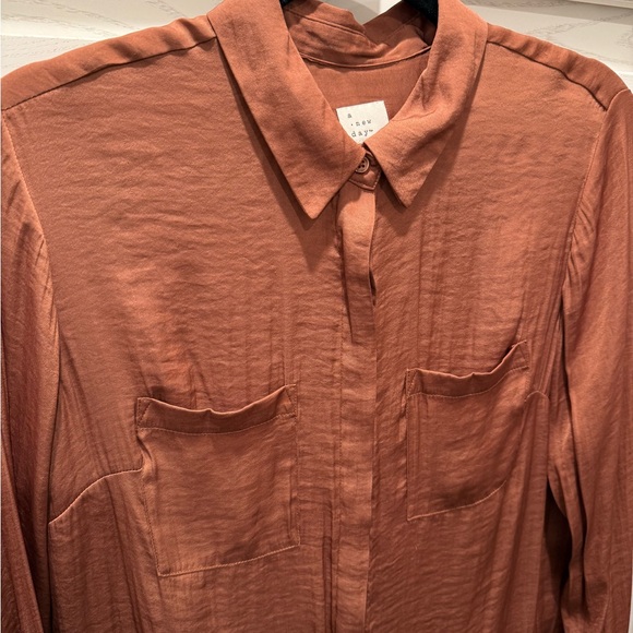 A New Day Rust Long Sleeve Satin Button-Up Shirt - Picture 2 of 4